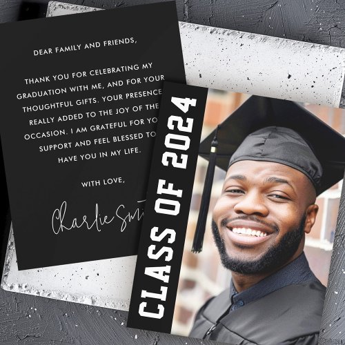 Class of year 2024 modern black graduation photo thank you card
