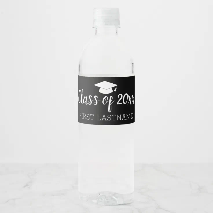 Class of Year and Name - Graduation Cap Black Water Bottle Label | Zazzle