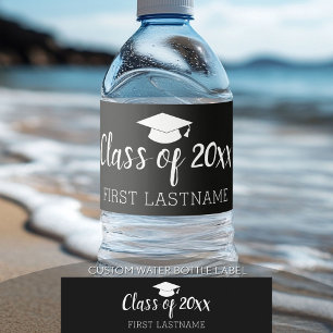 Class of Year and Name - Graduation Cap Black Water Bottle Label