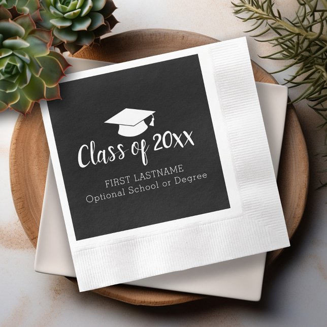 Class of Year and Name Graduation Cap Black White Napkins (Custom Graduation Napkins - Personalize these for the Grad Party)