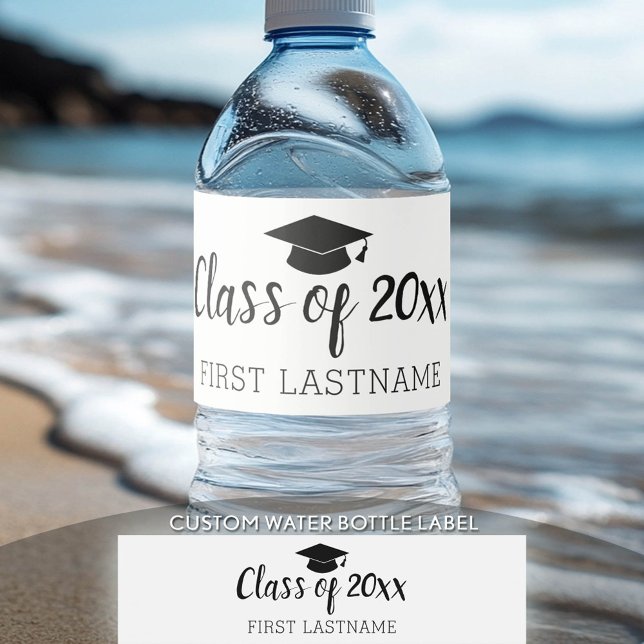 Class of Year and Name Graduation Cap Black White Water Bottle Label (Custom Graduation Water Bottle Label)