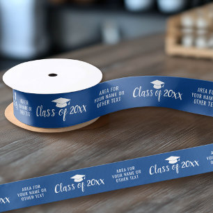 Class of Year and Name - Graduation Cap Blue Satin Ribbon
