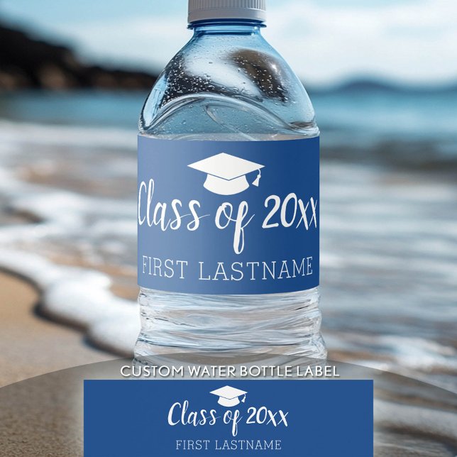 Class of Year and Name - Graduation Cap Blue Water Bottle Label (Custom Graduation Water Bottle Label)