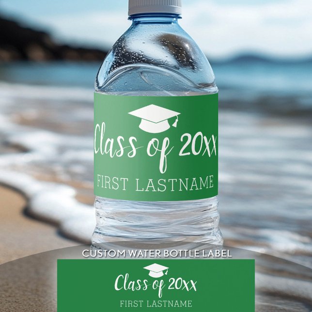 Class of Year and Name - Graduation Cap Green Water Bottle Label (Custom Graduation Water Bottle Label)