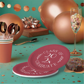 Class Of Year Chic Burgundy White Graduation Party Paper Plates