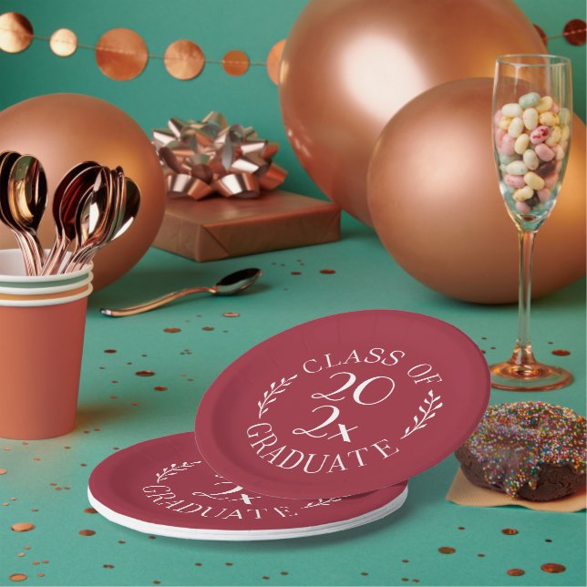 Class Of Year Chic Burgundy White Graduation Party Paper Plates (Multi)