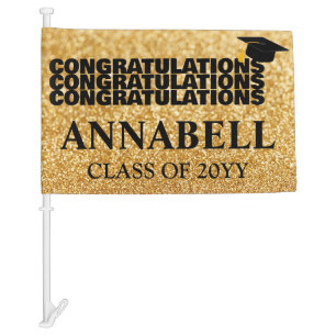 Class of Year Graduate Cap with gold glitters  Car Flag