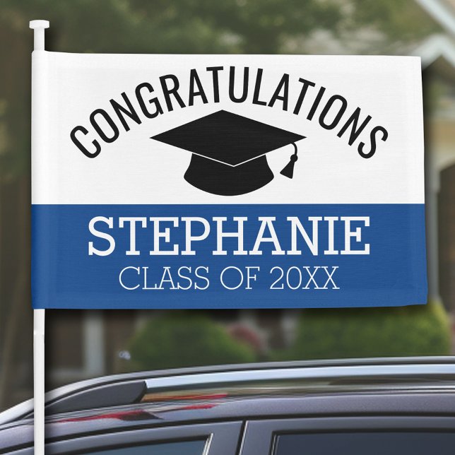 Class of Year Graduate - Graduation Cap Blue Black Car Flag (Personalized Graduation Car Flag)