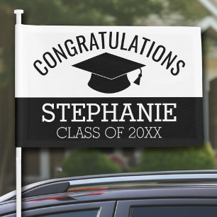 Class of Year Graduate Graduation Cap White Black Car Flag
