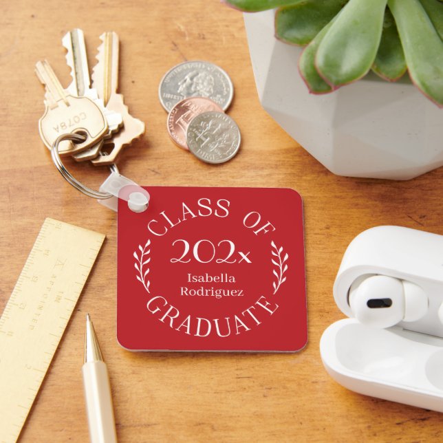 Class of Year Graduate Name Typography Red Keychain (Desk)