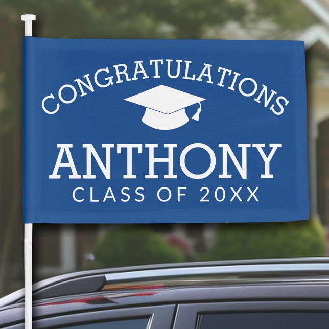 Class of YEAR Graduation Cap Custom Name - blue Car Flag (Personalized Graduation Car Flag)