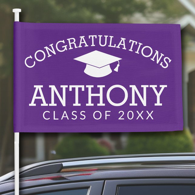 Class of YEAR Graduation Cap Custom Name - purple Car Flag (Personalized Graduation Car Flag)