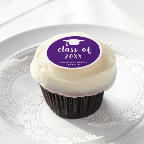 Class of Year Mortar Board Purple Graduation Edible Frosting Rounds