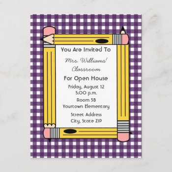 Class Open House: Yellow Pencils  Purple Gingham Invitation by thepinkschoolhouse at Zazzle