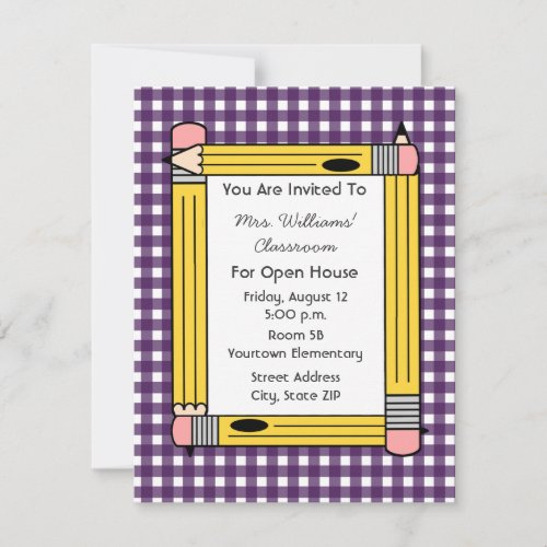 Class Open House Yellow Pencils Purple Gingham Invitation
