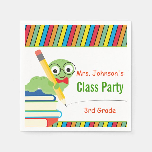 Class Party, Bookworm & Books Customizable Paper Napkins (Front)
