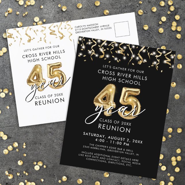 Class Reunion 45 Year Black Gold Balloons Invite (Creator Uploaded)