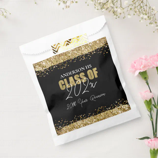 Class Reunion Black and Gold Glitter Favor Bag | Zazzle