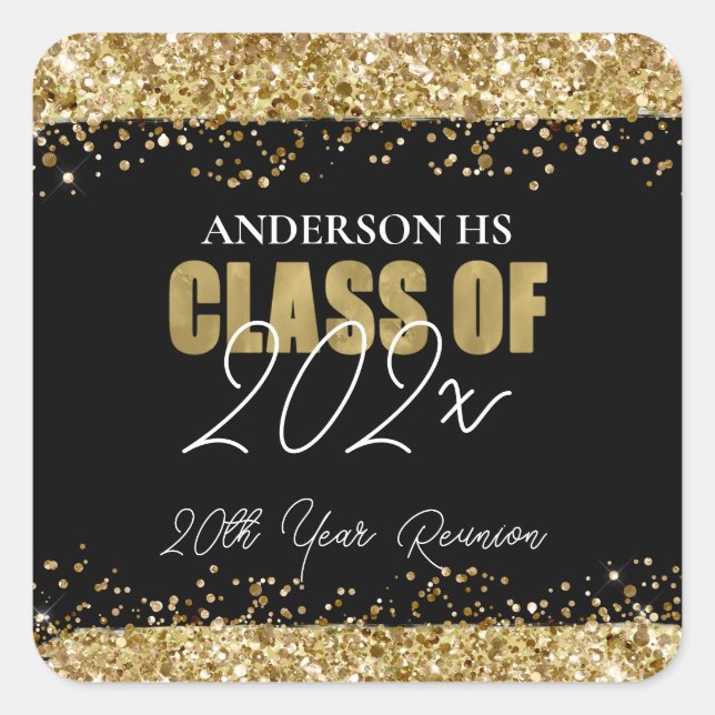 Class Reunion Black and Gold Glitter Square Sticker (Front)