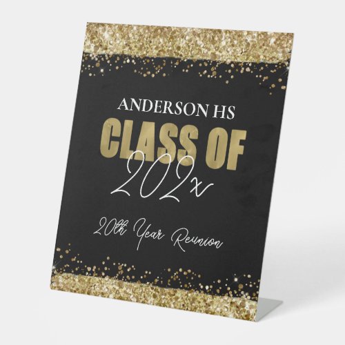 Class Reunion Black and Gold Glitter Welcome  Pedestal Sign