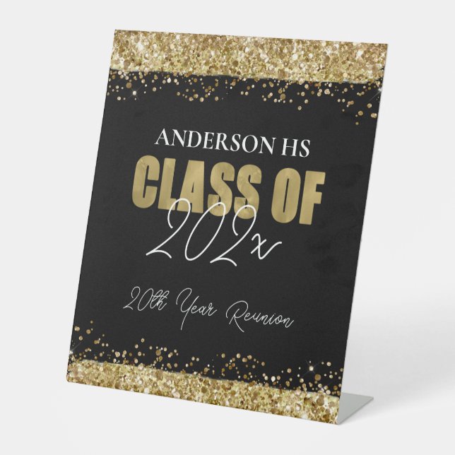 Class Reunion Black and Gold Glitter Welcome  Pedestal Sign (Front)