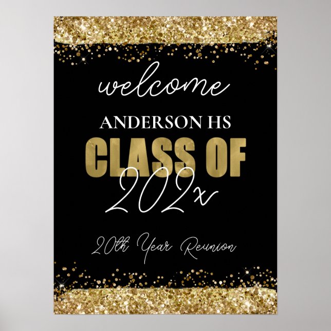 Class Reunion Black and Gold Glitter Welcome Poster (Front)