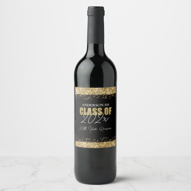 Class Reunion Black and Gold Glitter  Wine Label (Front)