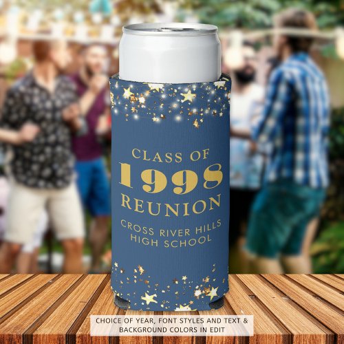 Class Reunion Black Blue Stars Personalized Seltzer Can Cooler