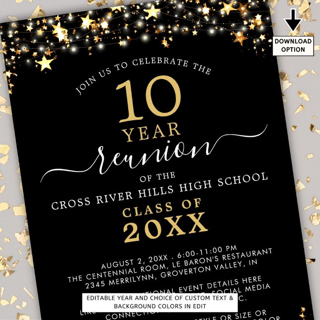 Class Reunion Black Gold Stars Lights Any Year Invitation (Creator Uploaded)