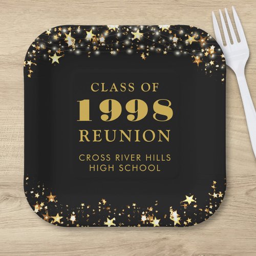 Class Reunion Black Gold Stars Personalized Paper Plates