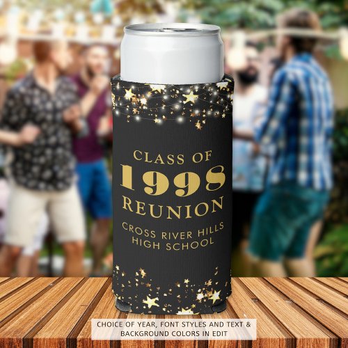 Class Reunion Black Gold Stars Personalized Seltzer Can Cooler