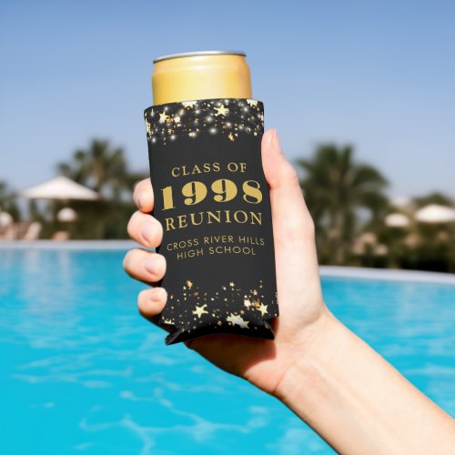 Class Reunion Black Gold Stars Personalized Seltzer Can Cooler