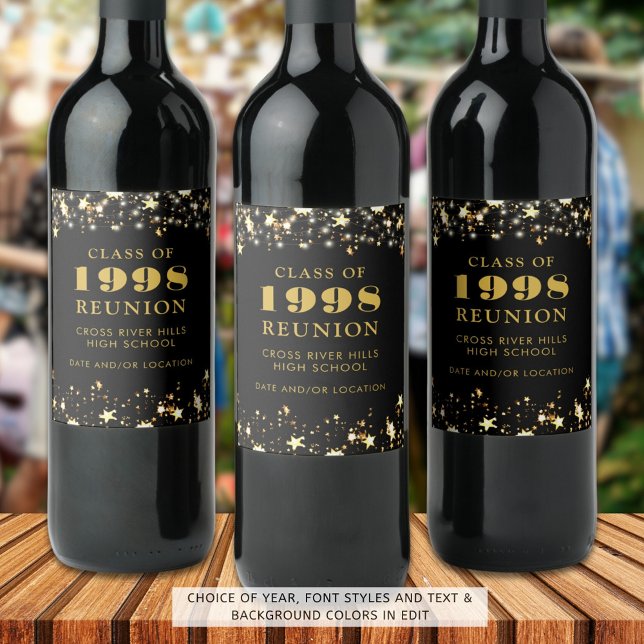 Class Reunion Black Gold Stars Personalized Wine Label (Creator Uploaded)