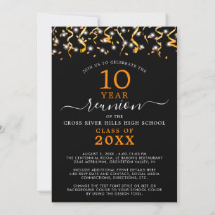 Class Reunion Black Orange Confetti Streamers Invitation