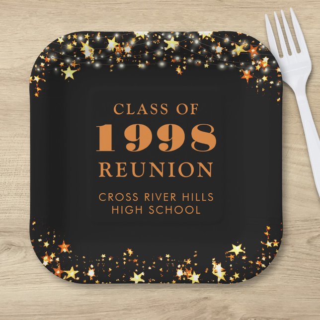 Class Reunion Black Orange Gold Stars Personalized Paper Plates (Creator Uploaded)