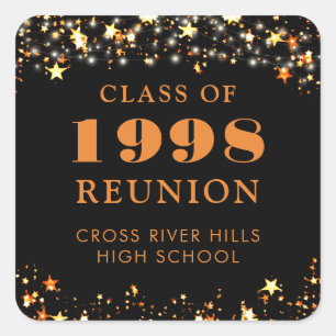 Class Reunion Black Orange Gold Stars Personalized Square Sticker