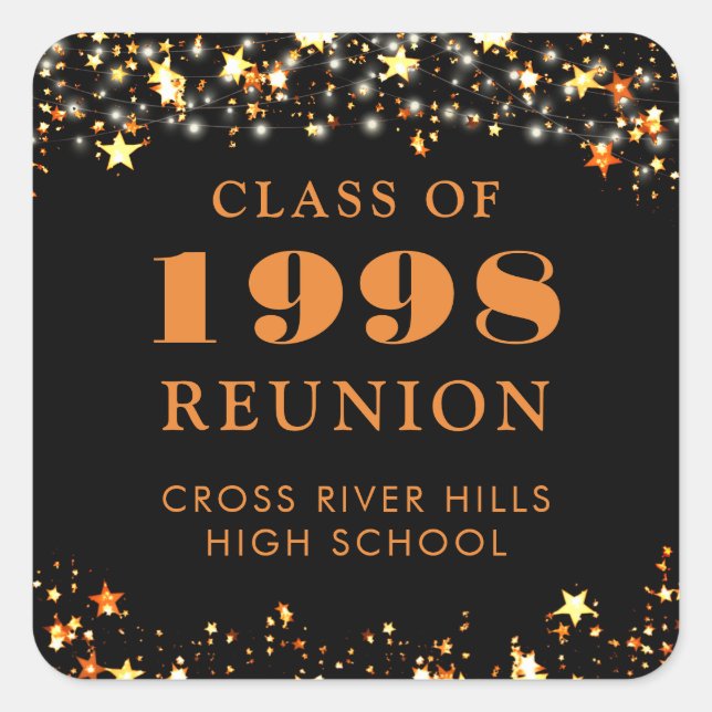 Class Reunion Black Orange Gold Stars Personalized Square Sticker (Front)