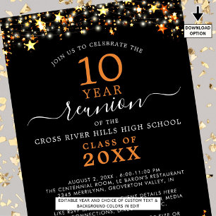 Class Reunion Black Orange Stars Lights Any Year Invitation