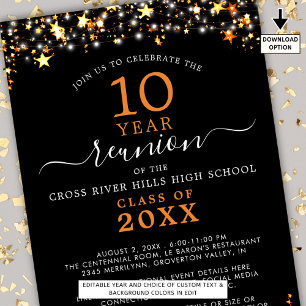 Class Reunion Black Orange Stars Lights Any Year Invitation