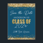 Class Reunion Blue and Gold Save the Date Postcar Postcard<br><div class="desc">Elegant Faux gold glitter paint splatters design. All text is adjustable and easy to change for your own party needs. Save the Date,  Class Reunion,  Information website,  glitter,  blue and gold,  elegant,  modern,  stylish,  any year template.</div>