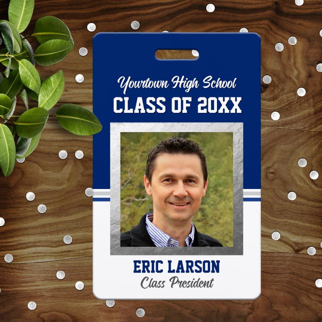 Class Reunion Blue and White Photo ID Badge (Creator Uploaded)
