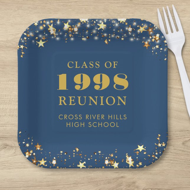 Class Reunion Blue Gold Stars Personalized Paper Plates (Creator Uploaded)