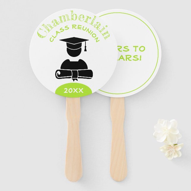 Class Reunion Bright Green White Custom Hand Fan (Front and Back)