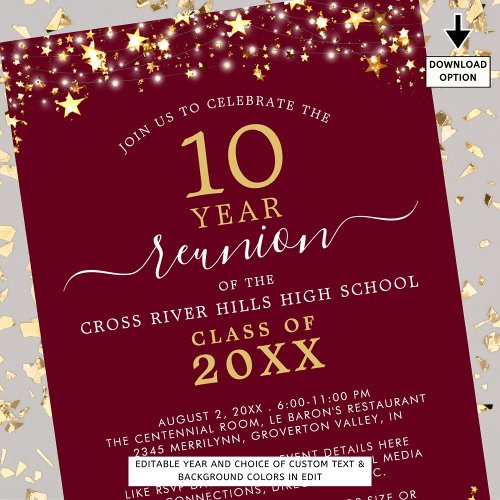 Class Reunion Burgundy Gold Stars Lights Any Year Invitation