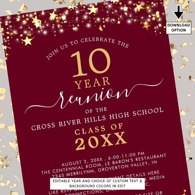 Class Reunion Burgundy Gold Stars Lights Any Year Invitation (Creator Uploaded)