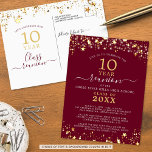 Class Reunion Burgundy Gold Stars Lights Any Year Postcard<br><div class="desc">Modern and elegant class reunion postcard invitation for any year reunion (shown for a 10 Year) featuring gold stars and lights, elegant handwritten script typography and a custom color background (shown in burgundy) that you can change to your school color or party theme color. All text is editable to make...</div>