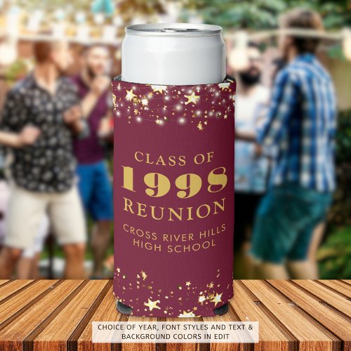 Class Reunion Burgundy Gold Stars Personalized Seltzer Can Cooler