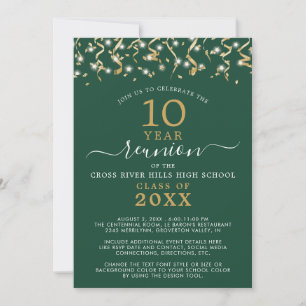 Class Reunion Gold Green Confetti Streamers Invitation