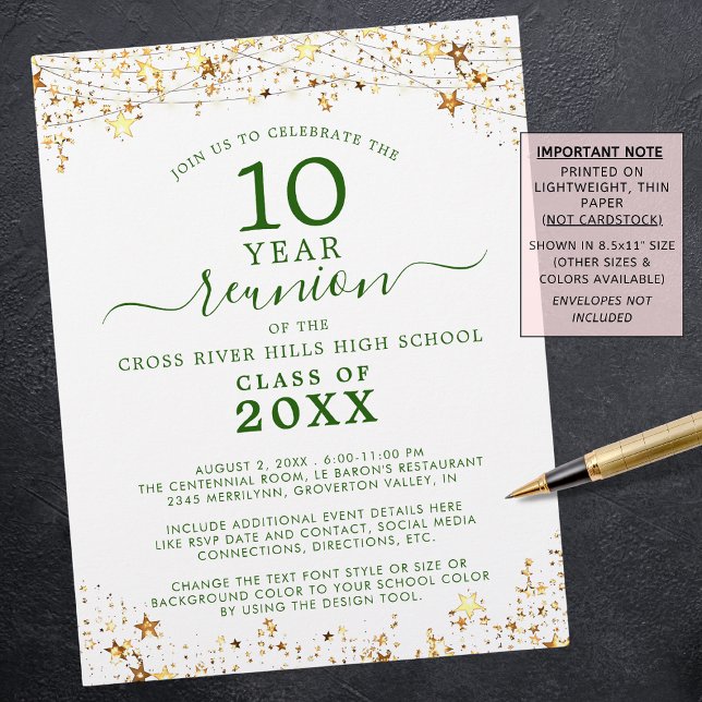 Class Reunion Gold Stars Green Invitation Flyer (Creator Uploaded)