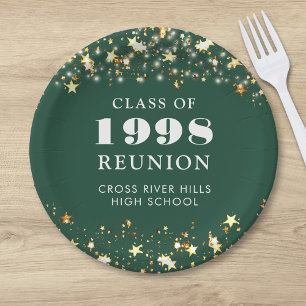 Class Reunion Gold Stars Green Personalized Paper Plates